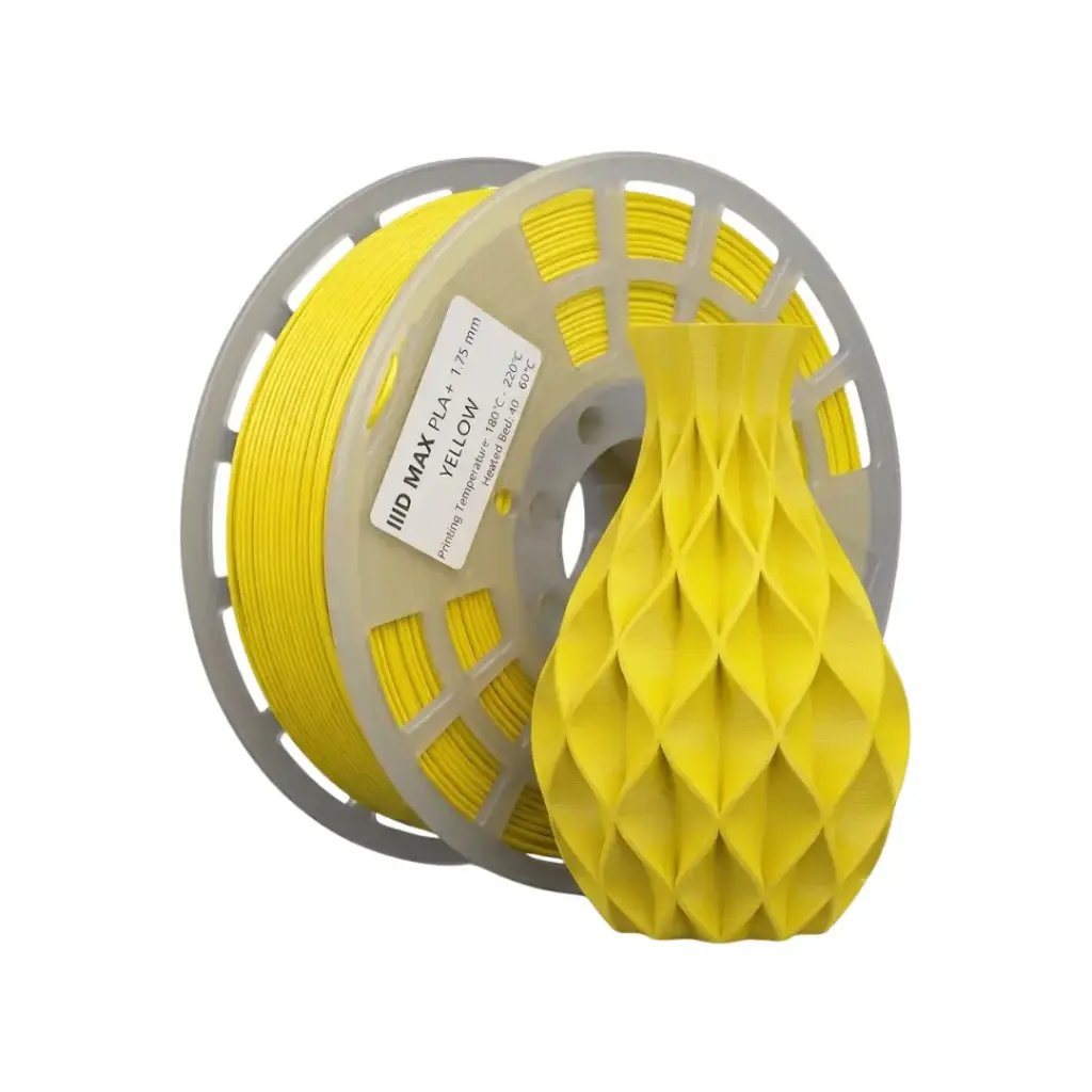Filamento PLA IIID MAX color amarillo yellow 1.75 mm en carrete con modelo impreso en 3D