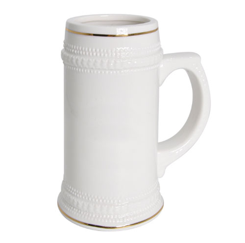 Jarra Cervecera Blanca de Cerámica (22 oz) con Borde Dorado - Especial para Sublimación